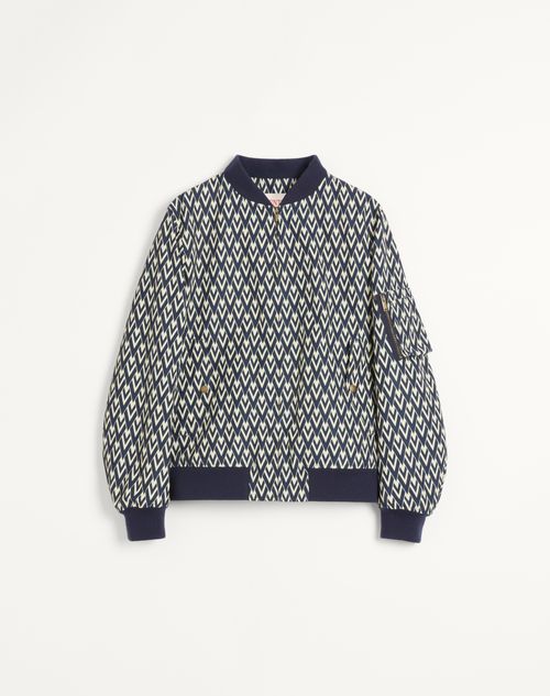Valentino - Nylon Bomber Jacket With Toute La V Print - Navy/cream - Man - Outerwear