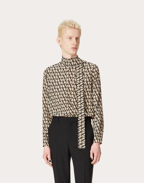 Valentino - Silk Shirt With Neck Tie And All-over Toile Iconographe Print - Beige/black - Man - Shirts