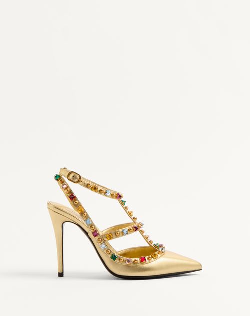 VALENTINO GARAVANI VALENTINO GARAVANI ROCKSTUD PUMPS IN LAMINATED NAPPA WITH CABOCHON AND CRYSTALS 100MM WOMAN ANTIQUE  