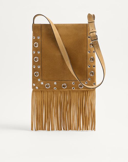 Valentino Garavani - Valentino Garavani Nellcôte Suede Shoulder Bag With Fringes - Havana Beige - Woman - Shoulder Bags