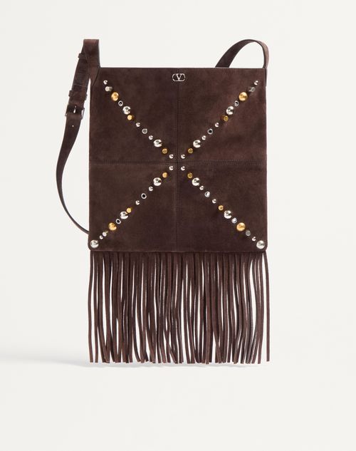 Valentino Garavani - Valentino Garavani Nellcôte Suede Shoulder Bag With Fringes - Brown - Man - Shoulder Bags