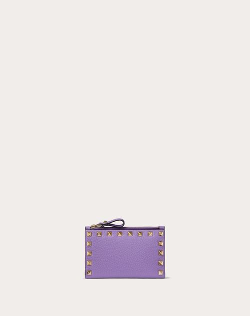 Valentino Garavani Rockstud Grainy Calfskin Cardholder With Zip Woman Wisteria Uni