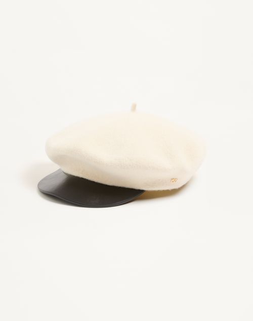 Valentino Garavani - Valentino Garavani Vlogo Signature Wool Cap With Leather Visor - Ivory - Woman - Hats And Gloves