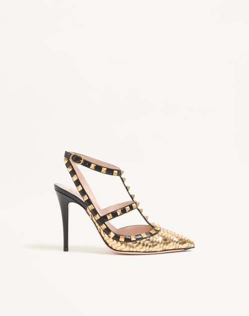 Valentino Garavani - Rockstud Pumps In Woven Laminated Nappa 100mm - Gold/black - Woman - Pumps And Slingbacks