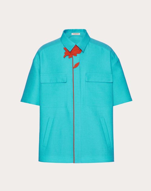 Valentino Wool And Silk Bowling Shirt With Flower Embroidery In Blue