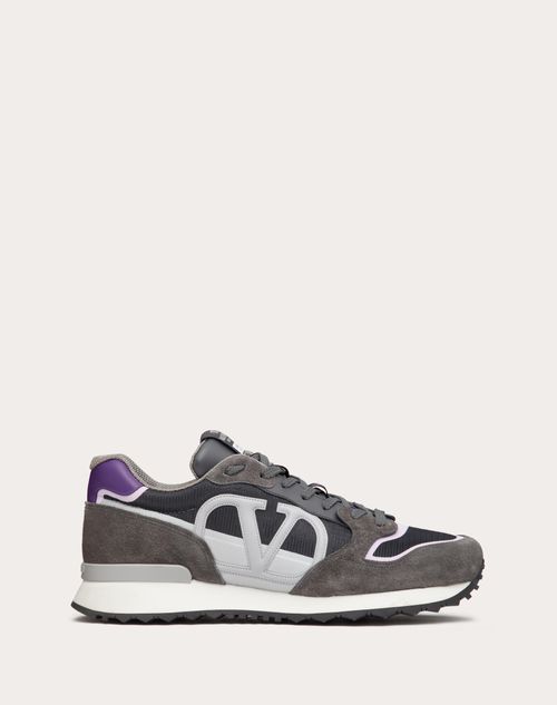 Shop Valentino Garavani Vlogo Pace Low-top Sneaker In Split Leather Fabric And Calf Leather In Grey/blue