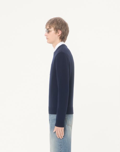 Valentino - Valentino Wool Sweater With Tone-on-tone Vlogo Signature Embroidery - Navy - Man - Knitwear