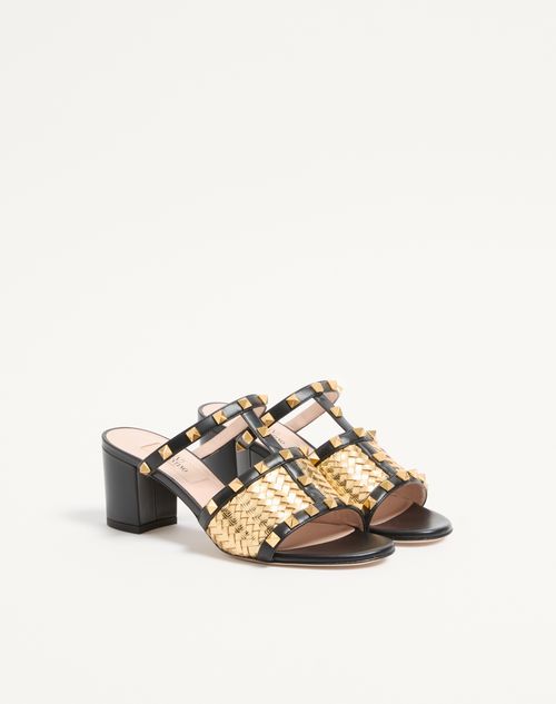 Valentino Garavani - Rockstud Slide Sandal In Laminated Woven Nappa 60mm - Gold/black - Woman - Sandals