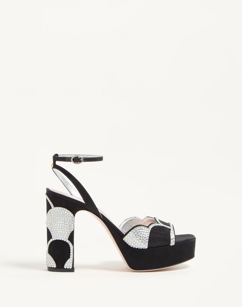 Valentino Garavani Bowow Platform Sandal In Moiré Fabric With Crystals 115mm Woman Black/silver 41