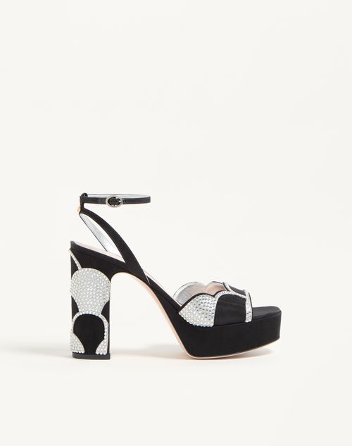 Valentino Garavani Bowow Platform Sandal In Moiré Fabric With Crystals 115mm Woman Black/silver 35.5
