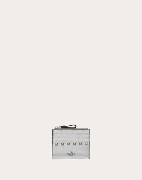 Shop Valentino Garavani Rockstud Grainy Metallic Calfskin Card Holder With Zip Woman Silver Uni