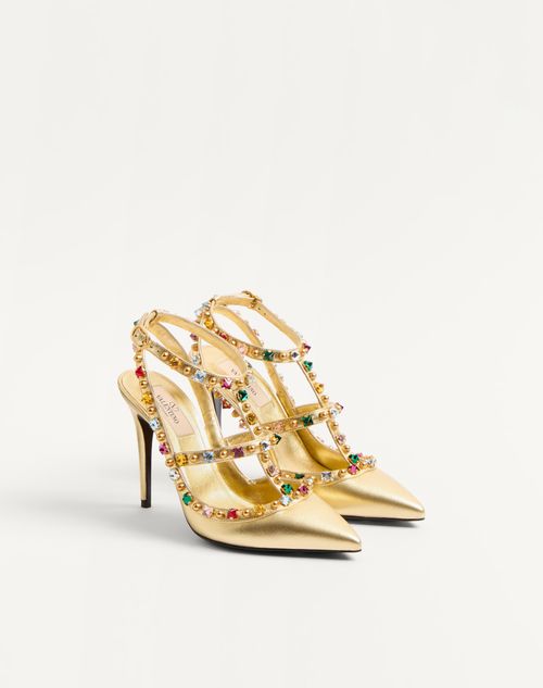 Valentino Garavani - Rockstud Décolleté In Laminated Nappa With Cabochon And Crystals 100mm - Antique Brass/multicolour - Woman - Pumps