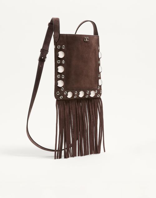 Valentino Garavani - Valentino Garavani Nellcôte Small Shoulder Bag In Suede With Fringes - Brown - Woman - Shoulder Bags