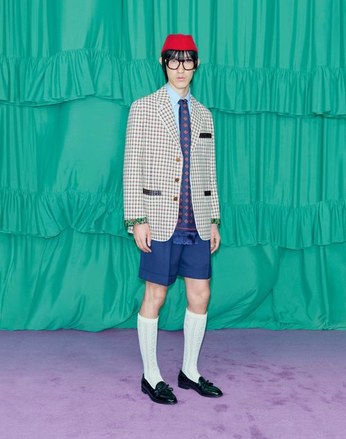 Valentino - Single-breasted Cotton Jacket With Check Pattern And Printed Edges - Yellow/black/red - Man - Coats And Blazers