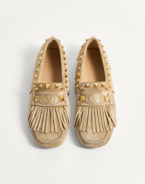Valentino Garavani - Plaster Caster Driver Loafer In Suede With Fringes - Desert Sand - Woman - Loafers & Oxford
