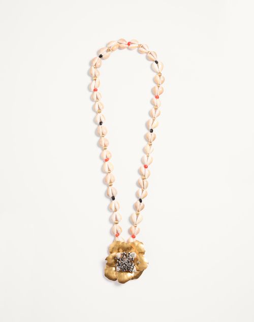 Valentino Garavani Jardin Aquatique Necklace In Metal, Fabric, Shells, Coral And Onyx Woman Antique Brass Onesize
