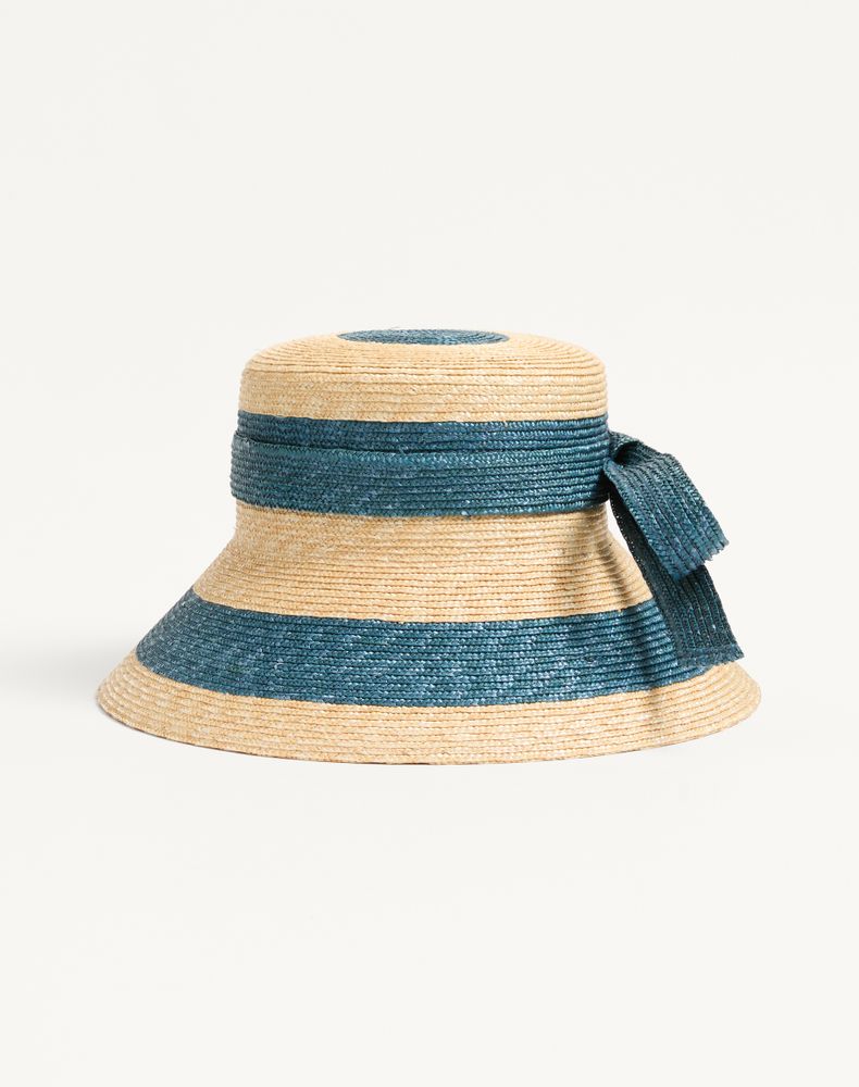 Valentino Garavani Women's Natural/Blue Vlogo Signature Straw Bucket Hat Woman 58