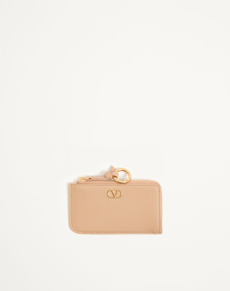Valentino Garavani Vlogo Signature Zip-around Charm Cardholder In Grainy Calfskin In ピンク