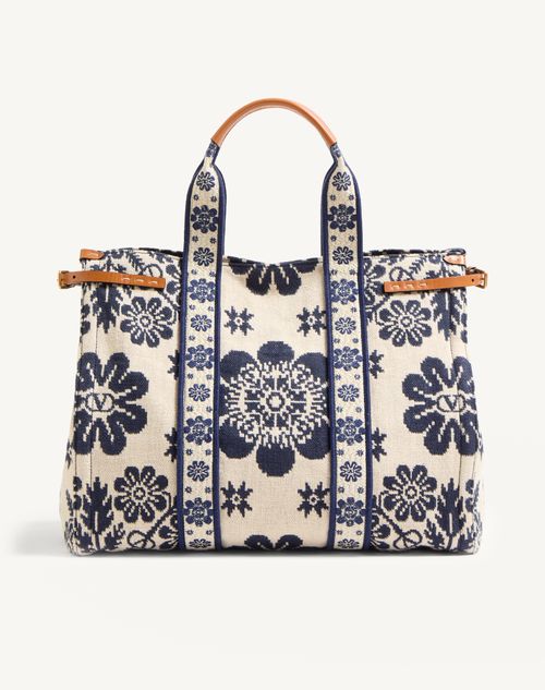 Valentino Garavani - Bolso De Mano Valentino Garavani Antibes De Jacquard - Marfil/azul Marino/natural - Mujer - Bolsos Shopping