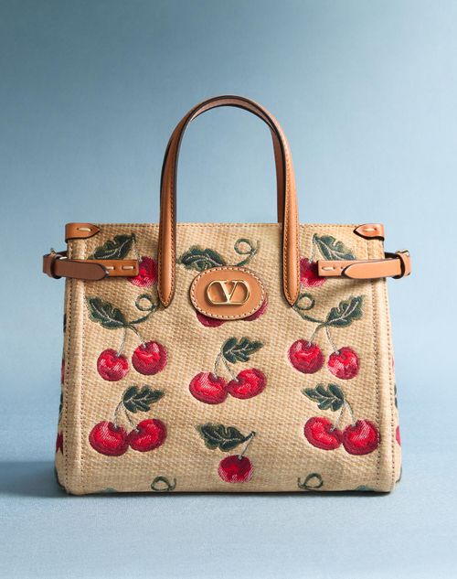 Valentino Garavani - Valentino Garavani Antibes Small Shopping Bag In Jacquard Raffia With Cherryfic Pattern - Natural/red - Woman - Totes