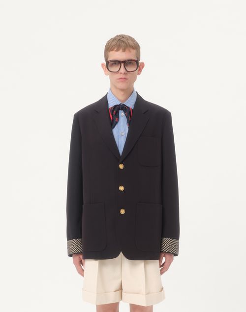 Valentino - Single-breasted Wool And Cotton Jacket With Jacquard Trimmings - Navy - Man - Coats And Blazers