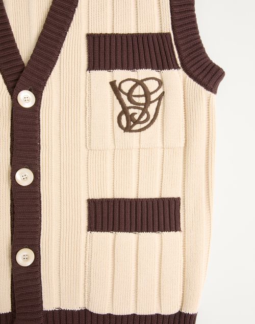 Valentino - Ribbed Cotton Vest With Vg Embroidery - Butter/testa Di Moro - Man - Knitwear