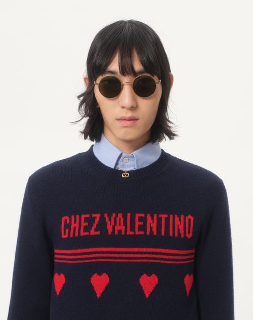 Valentino - Wool Sweater With Chez Valentino Jacquard Motif - Blue/red - Man - Knitwear