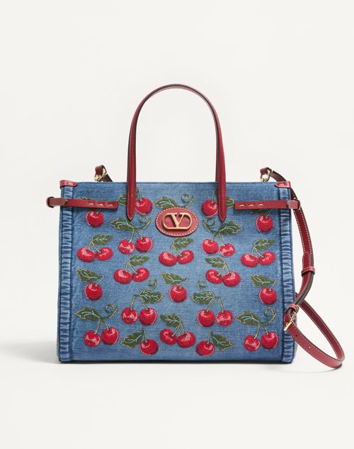 Valentino Garavani Valentino Garavani Antibes Medium Shopping Bag In Denim With Cherryfic Embroidery Woman Denim/multicolour Onesize