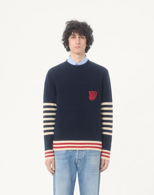 Valentino - Valentino Wool Sweater With Vg Embroidery - Navy/butter - Man - Knitwear