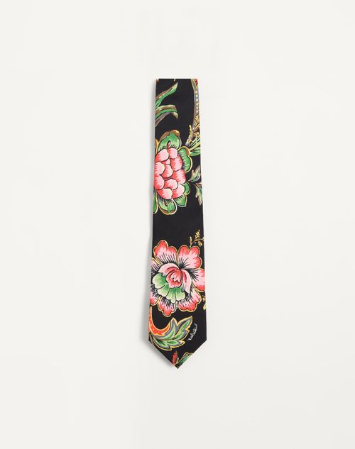 Valentino Garavani Silk Tie With Papier Floral Pattern Man Black/multicolour Onesize