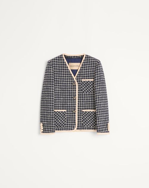 Valentino Boucle Wool Blend Jacket With Contrast Trim In Blue