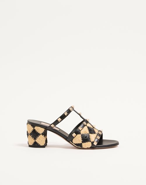 Valentino Garavani - Rockstud Slide Sandal With Raffia Check Embroidery 60mm - Natural/black - Woman - Sandals