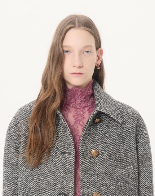 Valentino - Urban Wool Chevron Peacoat - Ivory/black - Woman - Jackets And Blazers