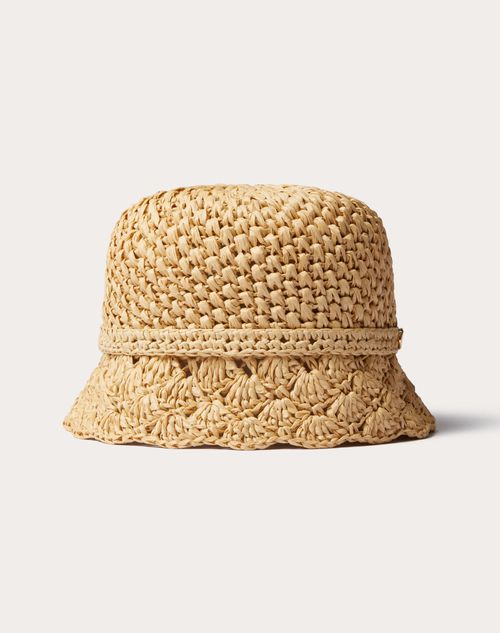 Shop Valentino Garavani Resort Crochet Bucket Hat With Metal Detail Woman Natural/gold S/m