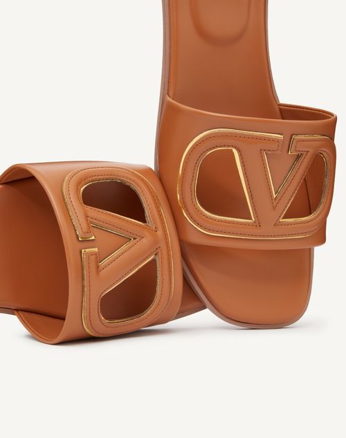 Valentino Garavani - Vlogo Cut-out Calfskin Slide Sandal - Almond/antique Brass - Woman - Slides And Thongs