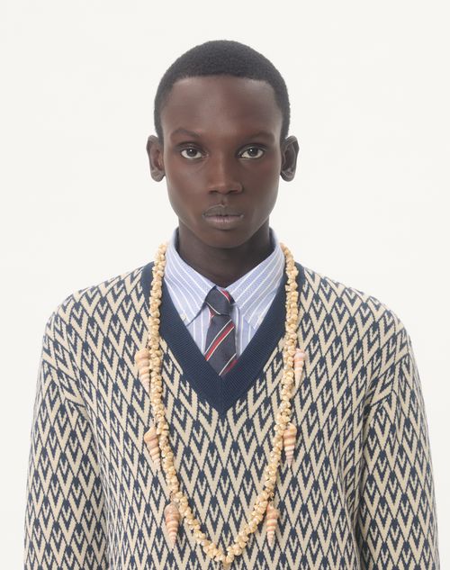 Valentino - Wool Sweater With Toute La V Jacquard Pattern - Navy/cream - Man - Knitwear