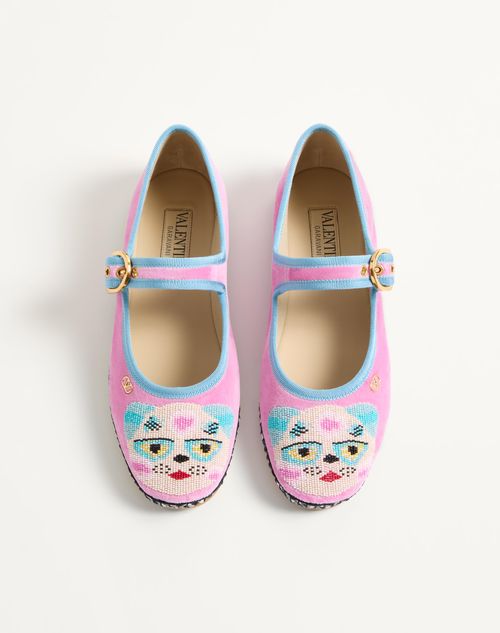 Valentino Garavani - Mary-jane Endouce Velvet Ballerina With Le Chat De La Maison Embroidery - Pink/baltic Blue - Woman - Ballerinas