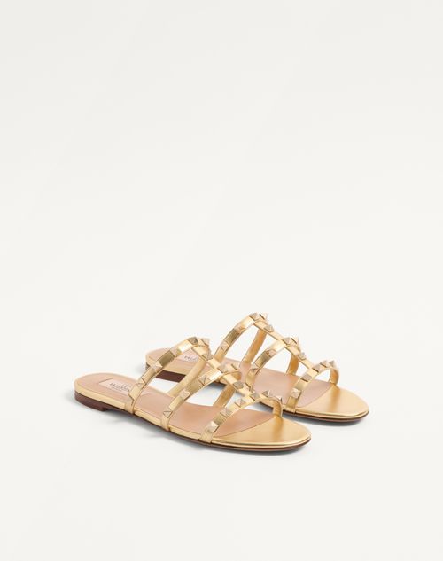 Valentino Garavani - Rockstud Laminated Nappa Slide Sandal - Antique Brass - Woman - Slides And Thongs