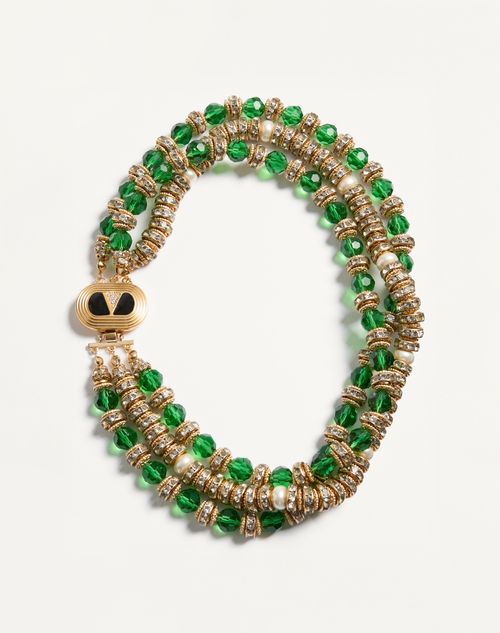 Valentino Garavani Ovalette Necklace In Metal, Enamel, Briole Glass, Pearls And Crystals Woman Gold/emerald/black Onesize