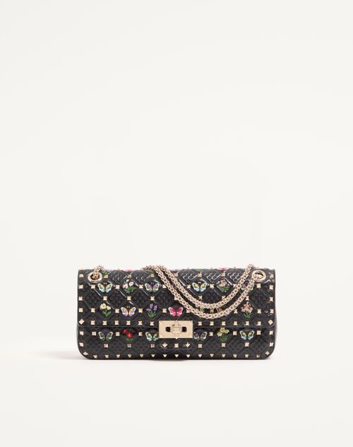 Valentino Garavani - Borsa Media A Spalla Valentino Garavani Rockstud Spike In Nappa Ricamata - Nero/multicolor - Donna - Borse A Spalla