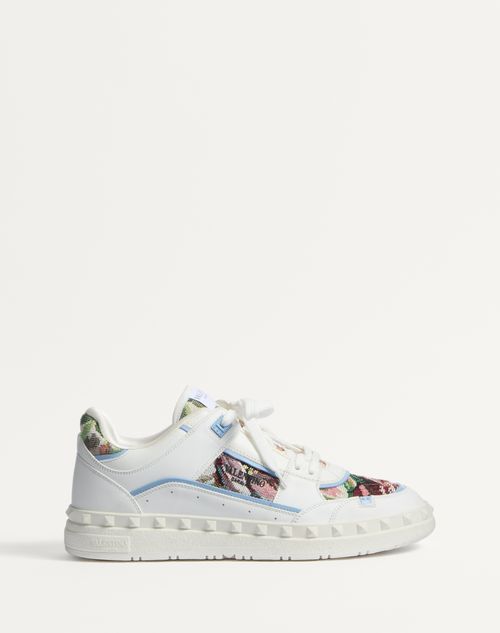 Shop Valentino Garavani Low Top Freedots Trainer In Calfskin And Fabric In White/multicolour/popeline Blue