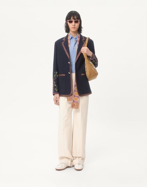 Valentino - Single-breasted Linen Jacket With Beaded Embroidery And Patches - Blue - Man - Coats And Blazers