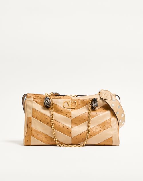 Valentino Garavani Valentino Garavani Panthea Medium Shoulder Väska In Ostrich And Nappa Leather With A Chevron Pattern Woman Tobacco/gold Beige