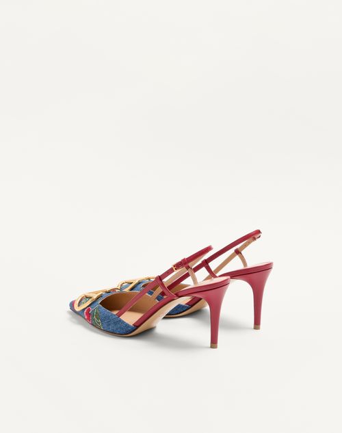 Valentino Garavani - Vlogo Signature Slingback Pumps In Denim With Cherryfic Embroidery 80mm - Denim/multicolour - Woman - Pumps
