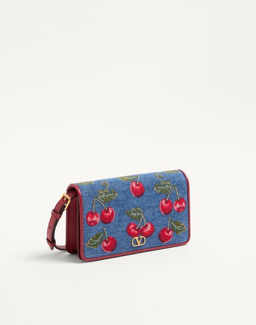 Valentino Garavani - Vlogo Signature Mini Shoulder Bag In Denim With Cherryfic Embroidery - Denim/multicolour - Woman - Clutches