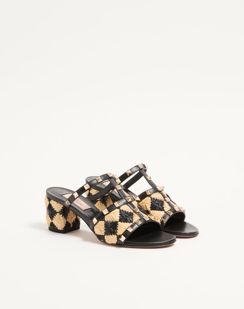 Valentino Garavani - Rockstud Slide Sandal With Raffia Check Embroidery 60mm - Natural/black - Woman - Sandals