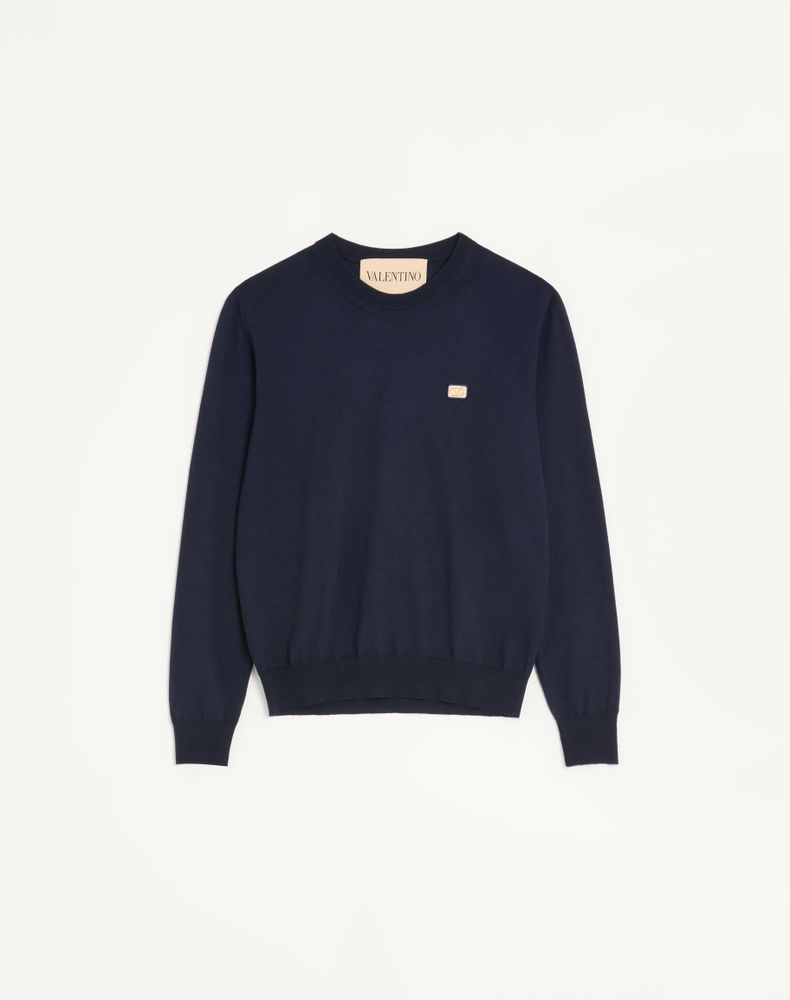 Valentino Hombre Azul Suéter De Lana Con Parche Del Vlogo Marino Xs