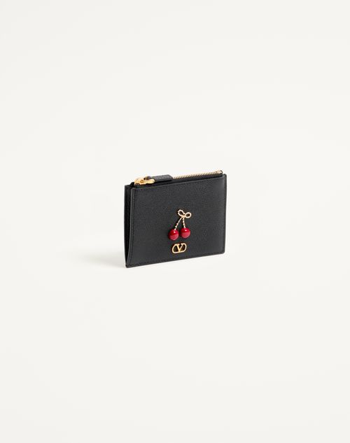 Valentino Garavani - Portacarte Cherryfic In Vitello Granato - Nero - Donna - Portafogli E Piccola Pelletteria