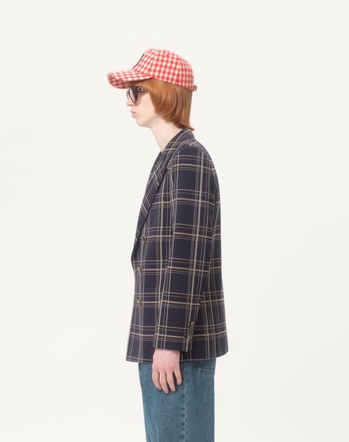 Valentino - Double-breasted Wool And Cotton Jacket With Check Pattern - Navy/grey - Man - Coats And Blazers
