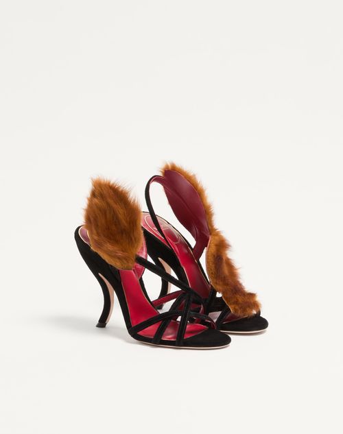 Valentino Garavani - Fetishique Velvet Sandal With Fur Leaf 105 Mm - Black - Woman - Sandals